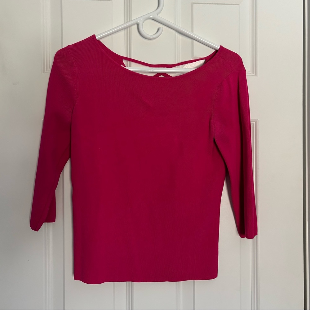 Talbots hot pink top with criss cross and keyhole back, 3/4 length sleeves